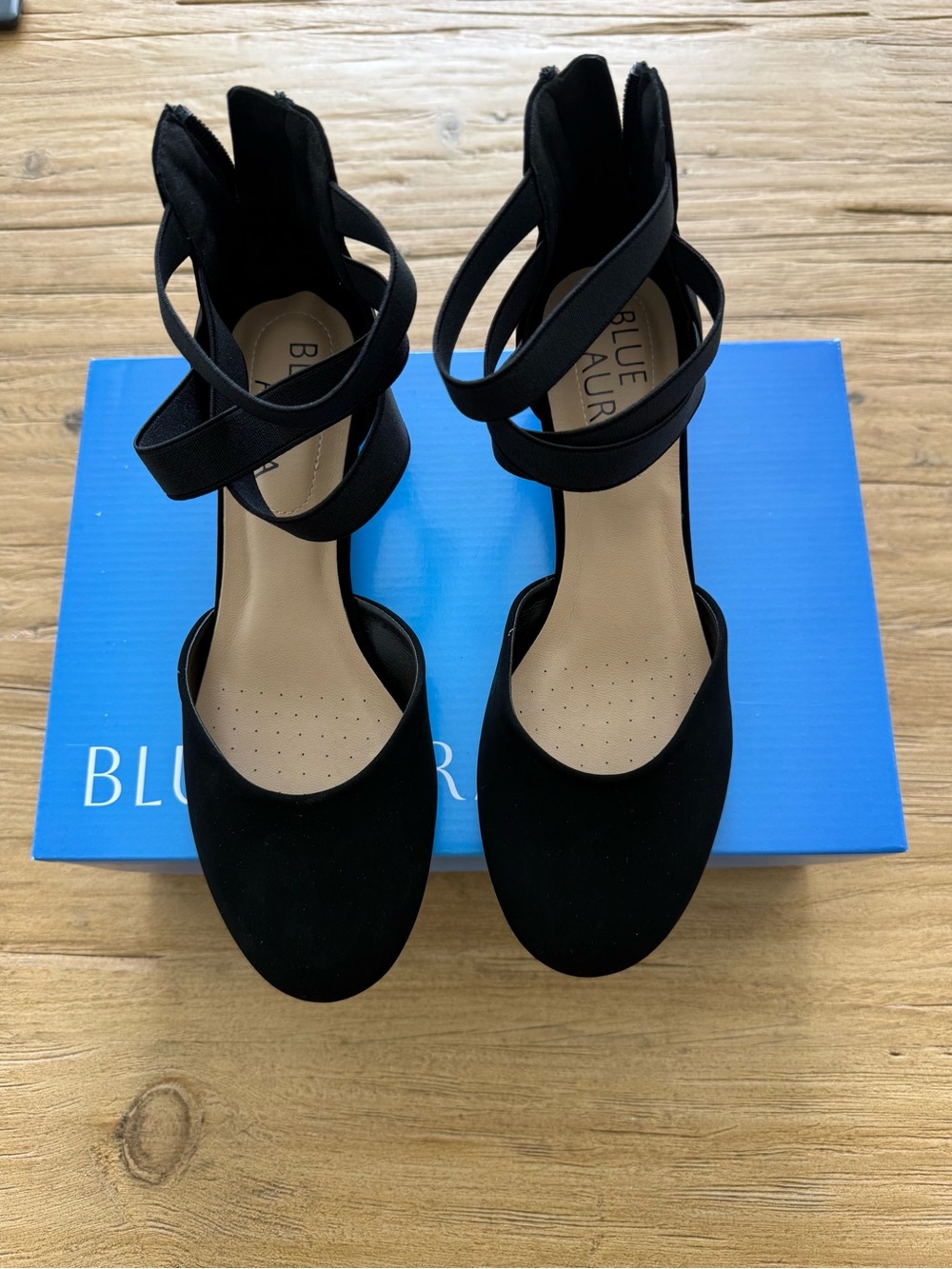 New With Box- Blue Aura brand Black Ankle-Strap Women's Low Wedge Heels.